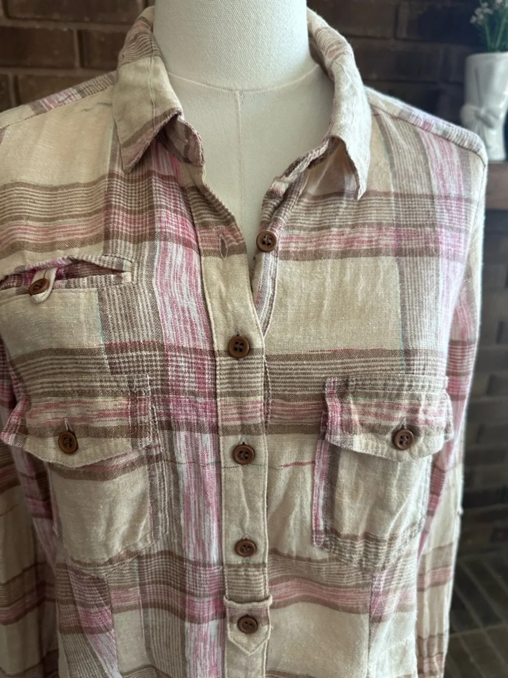 Free People Boho No Limits Plaid Linen Utility Button Up Shirt XS Pink Ivory